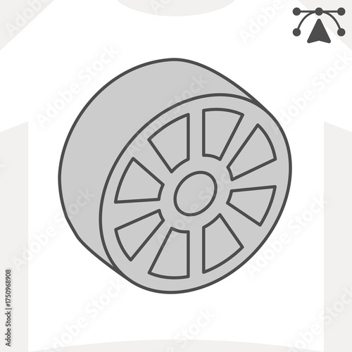 Car wheel rim isometric icon, vehicle concept. Vector graphics. Disk sign and editable stroke, outline style icon for mobile or web design.