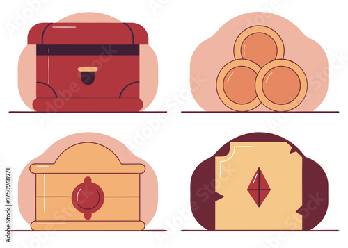 Red chest gold coins wooden box treasure map treasure chest