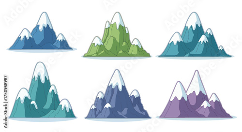Collection of Stylized Snow-Capped Mountains in Various Colors.