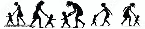vector silhouette of mother training baby to walk
