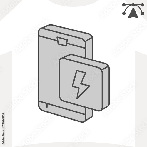 Smartphone and button isometric icon, power saving mode concept. Vector graphics. Lightning bolt shortcut sign and editable stroke, outline style icon for mobile or web design.