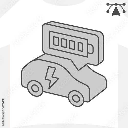 Full battery electric vehicle isometric icon, EV concept. Vector graphics. Car battery dialog popup sign and editable stroke, outline style icon for mobile or web design.