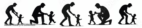 vector silhouette of father training baby to walk