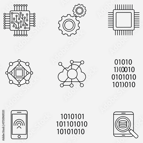 A comprehensive set of thin line icons for technology, illustrating concepts of data, networks, and processing power