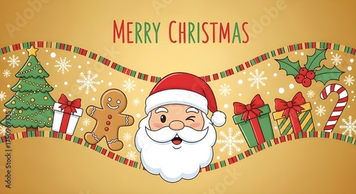 Cute hand drawn Christmas banner. Gold, green, red, white colors.C