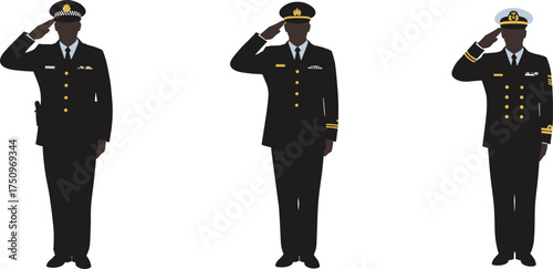 Military, naval, and police officers vector illustration saluting in uniform, armed forces members, law enforcement personnel, public service, professional occupation character design