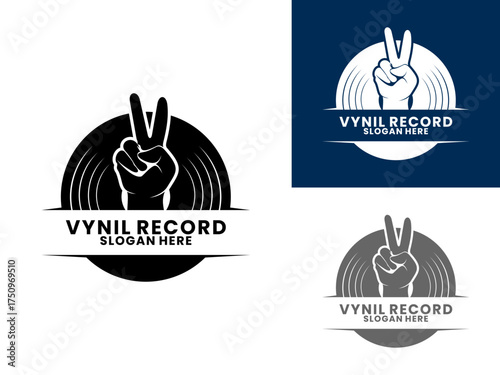 Peace Audio record logo design. Black disc with hand logo design vector template