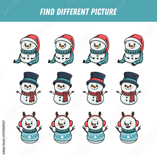 Find different snowman in each row. Christmas Logical game for kids. Cartoon snowmen. Doodle. Vector

