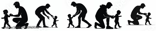 vector silhouette of father training baby to walk