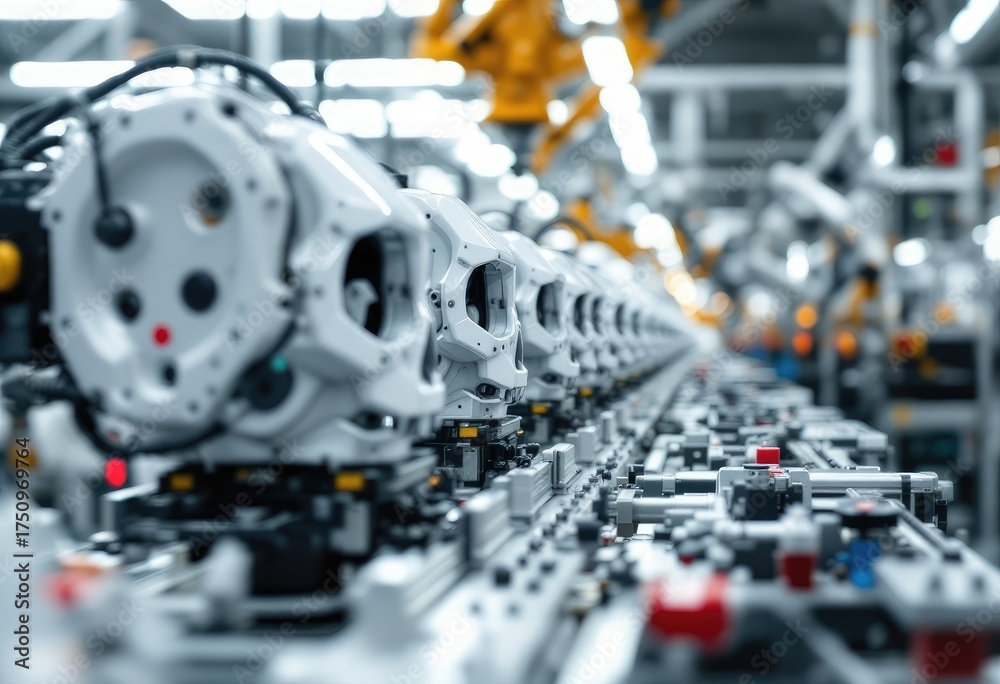 Fototapeta premium Automated assembly line with white engine components