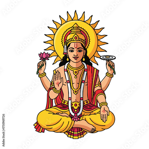 Hindu god surya sitting in lotus position illustration
