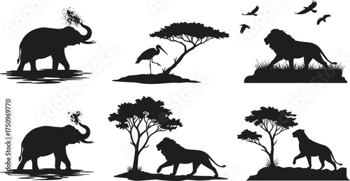 African wildlife vector silhouettes featuring elephant, lion, cheetah, birds, acacia trees, savanna landscape, safari animals, jungle nature, wild animal illustration