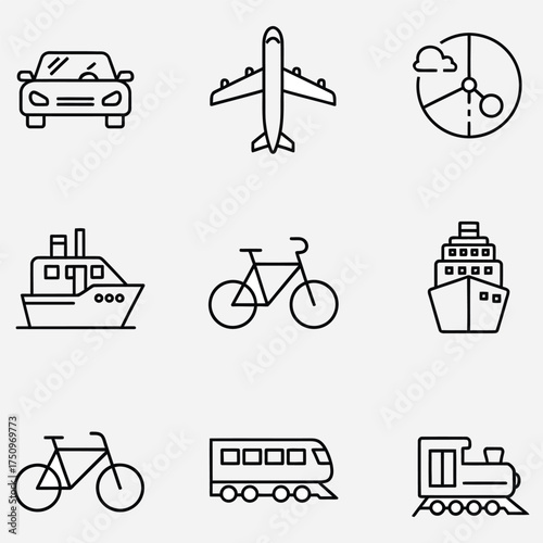 Modern Line Art Vector Set of Various Transportation Methods and Mobility Symbols for Digital Design Projects