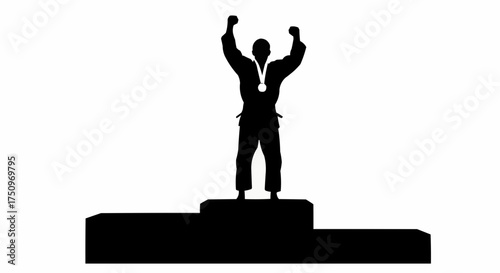 Victorious martial artist celebrating victory with medal on winner's podium