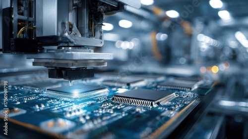 Close-up shot of a circuit board being tested or assembled in a factory setting
