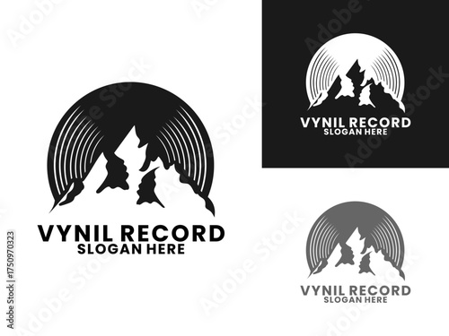 Black disc combination with mountain logo design vector template. Mountain Vinyl Record logo design