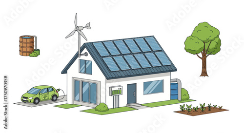 Eco-friendly house with solar panels wind turbine and electric car.