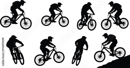 Silhouette illustration of mountain bikers riding bicycles on rough terrain, symbolizing adventure, extreme sports, endurance, freedom, and outdoor cycling activity.