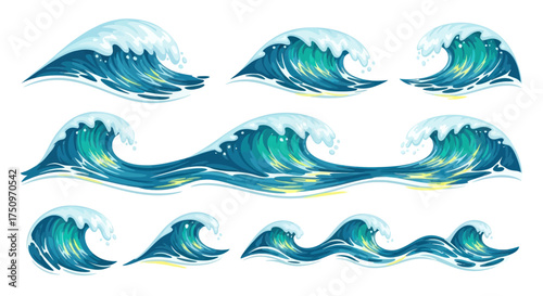 Collection of Dynamic Ocean Waves with White Foam Crests.