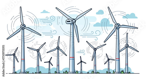 A collection of modern wind turbines generating clean energy in a stylized landscape.