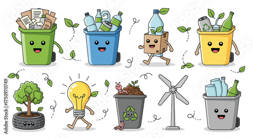 A cute collection of cartoon ecology and recycling character icons including bins a wind turbine and a lightbulb.