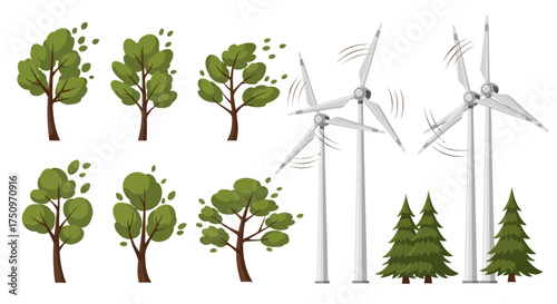 Wind Turbines and Trees: Sustainable Energy Landscape with Green Foliage.