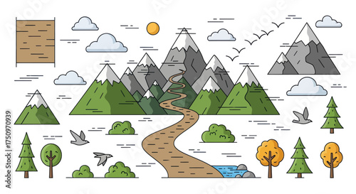 A flat line art collection of mountain landscape elements with trees clouds and a winding path for scene creation.