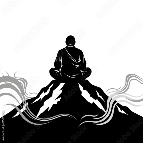 Monk meditating on mountain peak silhouette isolated on white background