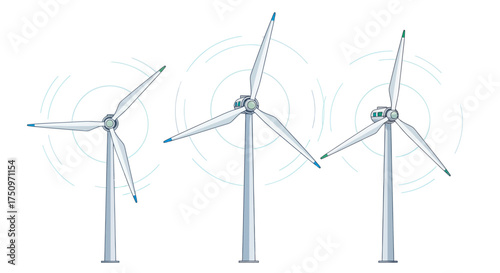 Three modern wind turbines with rotating blades illustrating renewable energy generation.