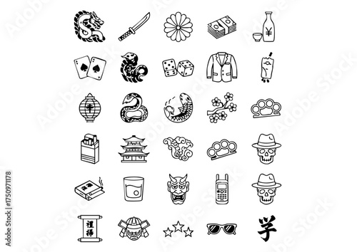Yakuza Crime Syndicate: Vector Line Icons, Japanese Underworld: Black and White Icons of the Yakuza, Gokudō Culture: Minimalist Vector Symbols