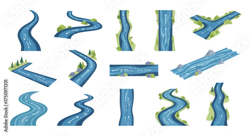 Collection of Cartoon Rivers and Streams with Varied Shapes and Perspectives.