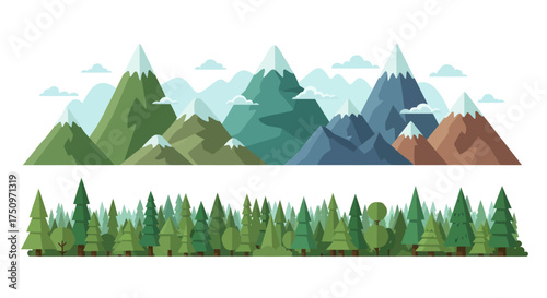 Geometric Low Poly Mountain Landscape with Snow-Capped Peaks and Evergreen Forest.