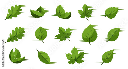 Dynamic Green Leaves Collection with Motion Blur Effect.