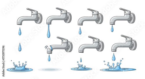 Collection of Silver Faucets with Dripping and Splashing Water Drops.