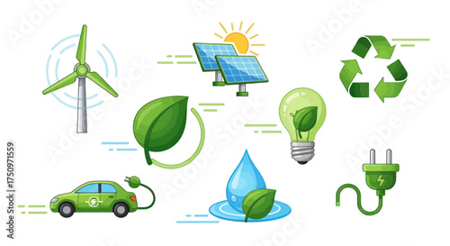 Collection of Green Eco-Friendly Energy and Sustainability Icons.