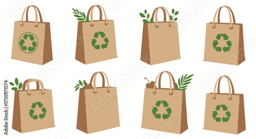 Collection of Eco-Friendly Brown Paper Shopping Bags with Recycle Symbol.