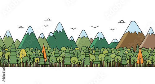 Stylized panoramic landscape illustration of a dense green forest and snow-capped mountains.
