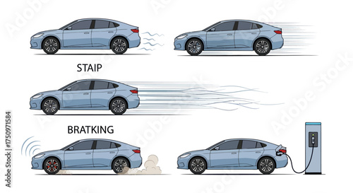 Modern Electric Car Illustrations Depicting Acceleration Autonomous Features and Charging Process.