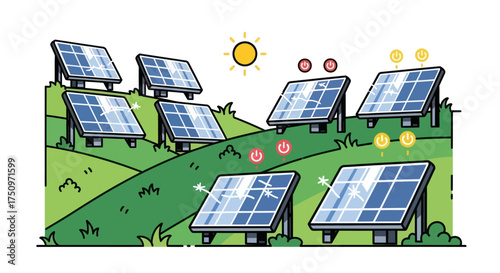Array of solar panels on a green hillside under a bright sun.