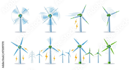 Collection of diverse wind turbines generating clean energy.