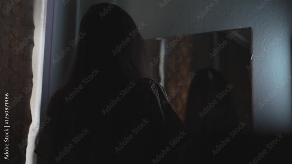 Dark cinematic Halloween shot featuring a possessed woman staring into an antique mirror in a haunted setting. Perfect for horror intros, thriller trailers, or supernatural themed