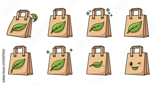 Collection of Eco-Friendly Paper Shopping Bags with Green Leaf Design.