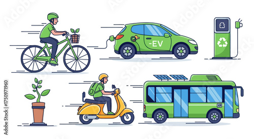 Eco-friendly transportation methods including electric car bicycle scooter and bus.