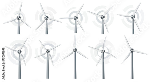 Multiple wind turbines with spinning blades illustrating renewable energy generation.
