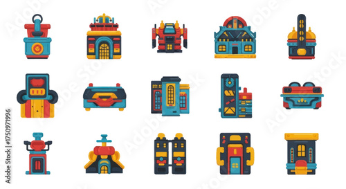 Vibrant Cartoon Fantasy Buildings and Entertainment Structures Icon Set.