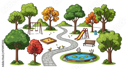Vibrant cartoon park scene with playground pond and trees.