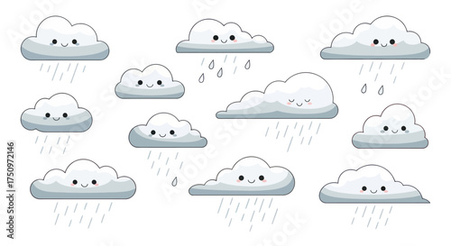 Adorable Cartoon Clouds with Rain Smiling and Happy.