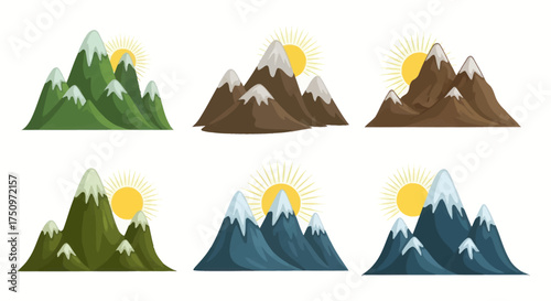 Collection of Stylized Mountain Peaks with Sun.