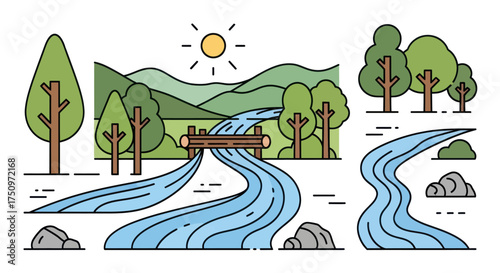 Stylized River Landscape with Trees and Mountains.