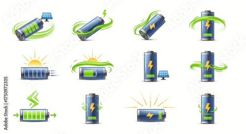 Collection of Stylized Rechargeable Batteries with Solar Energy Symbols.